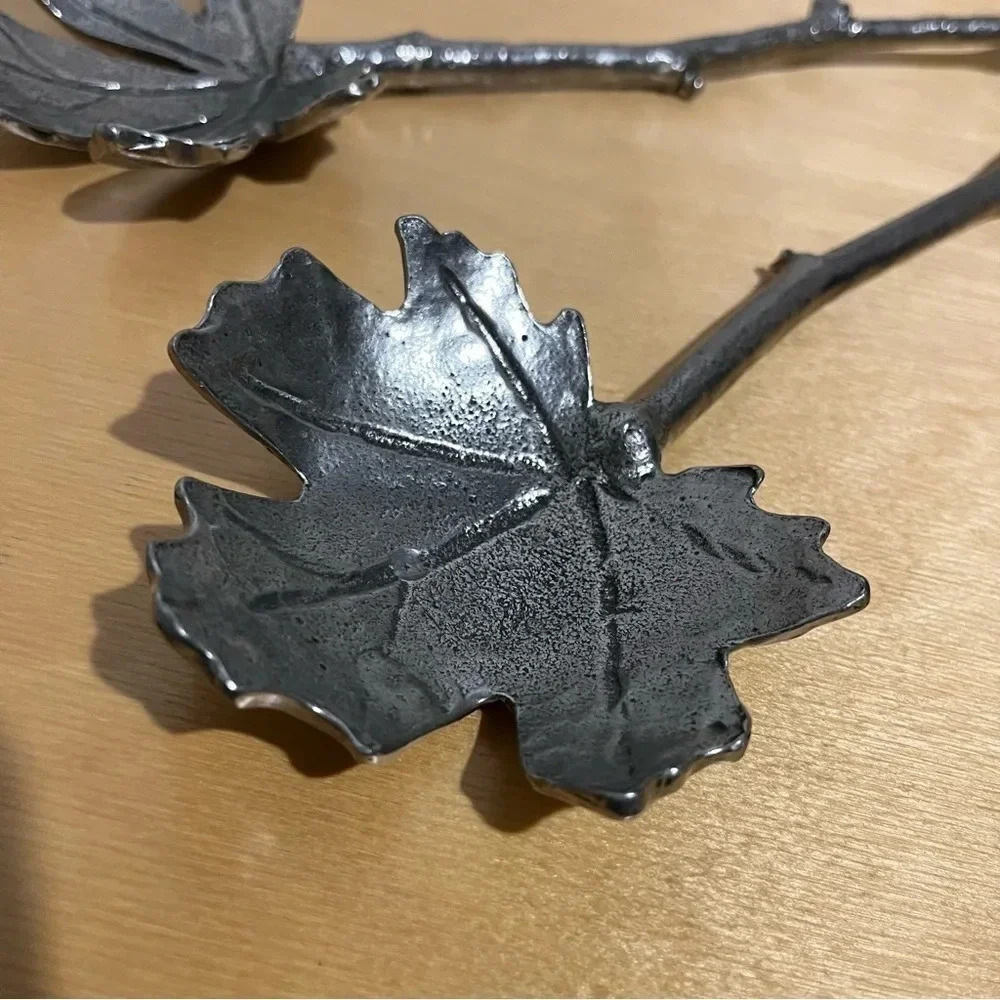 Vintage Leaf Branch Design Silver Color Spoon Fork Salad Server Pewter - Picture 2 of 6